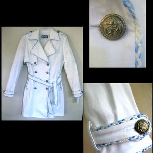 NWT White trench coat 6 Blue trim Nautical style Cotton Double-breasted Jacket